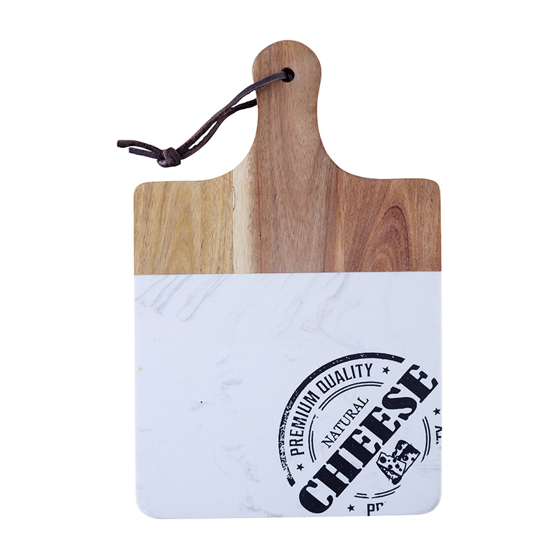 Rustic Acacia Wood and Marble Print Cheese Serving Board with Handle – Decorative Chopping Platter